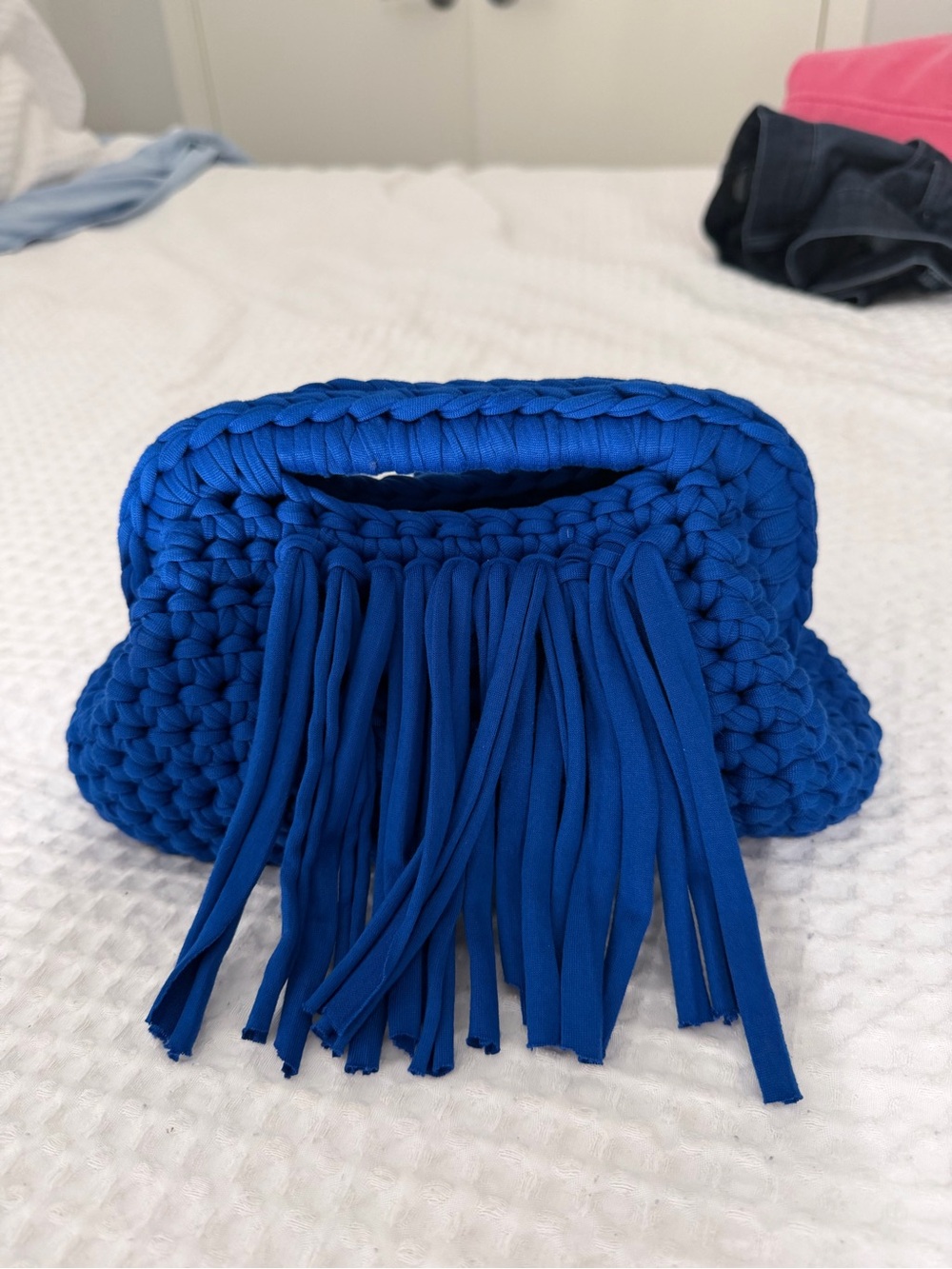Handcrafted Blue Crochet Fringe Clutch